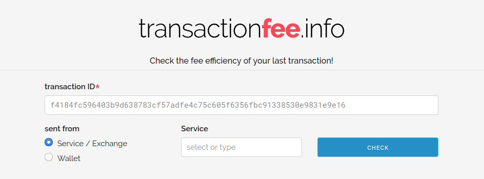 Header and input field for the old transactionfee.info site