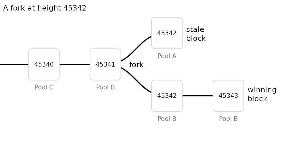 A fork at height 45342: Pool A and Pool B both mined a block at height 45342. Pool B mined block 45343 on top of its own block and won. Pool A's block 45343 became stale.