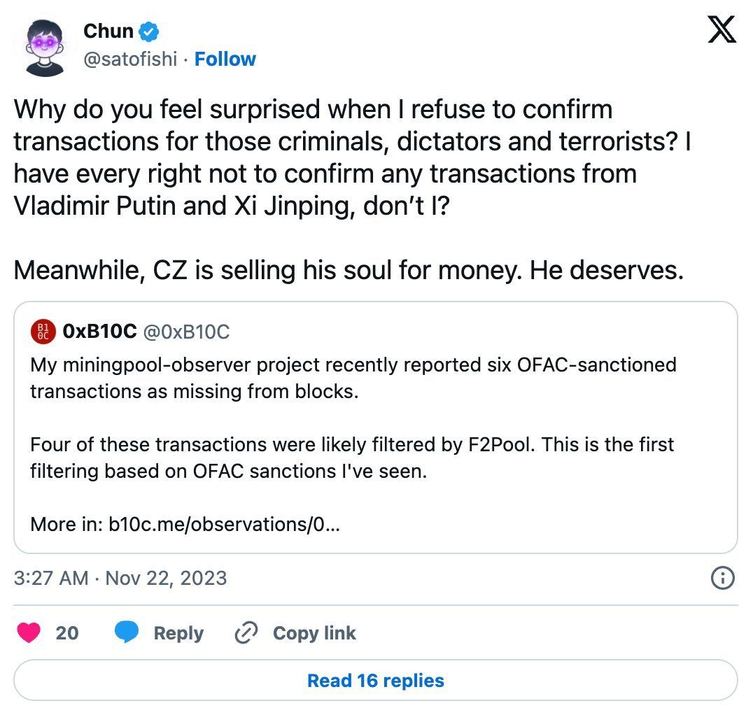@satofishi justifying F2Pool filtering transactions. Note: No Bitcoin addresses by Vladimir Putin and Xi Jinping are sanctioned by OFAC.