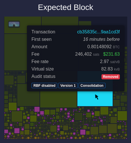 The mempool-space block-audit marking the sanctioned transaction cb35835c.. as removed.