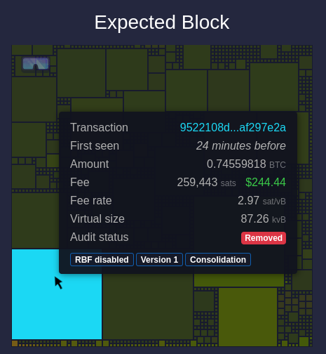 The mempool-space block-audit marking the sanctioned transaction 9522108d.. as removed.