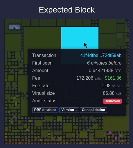 The mempool-space block-audit marking the sanctioned transaction 41f4dfbe.. as removed.